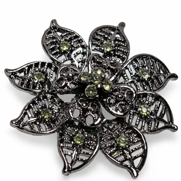 Vintage Gunmetal Floral Brooch Green Crystal Flower Statement Pin Whimsigoth - Picture 1 of 6